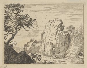 高い岩のふもとに座る 2 人の男性、17 世紀。 作： Allart van Everdingen