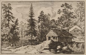舟の方を見る川辺の風景の女性 作： Allart van Everdingen