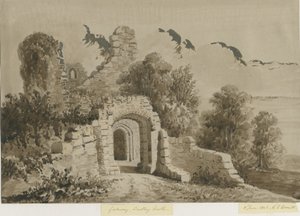 ダドリー城-ゲートウェイ：1843年6月8日、赤セピアのウォッシュの描画 作： Allen Edward Everitt