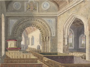 ロンドン教会の内部：水彩画、nd [c 1842] 作： Allen Edward Everitt