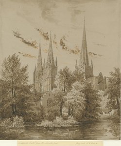 リッチフィールド大聖堂-南西ビュー：セピア画、1842年7月 作： Allen Edward Everitt