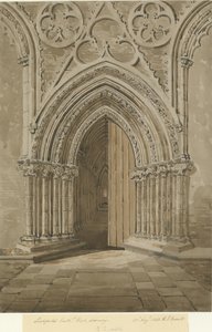 リッチフィールド大聖堂-西の出入り口：1842年8月27日、赤-茶色のセピア画 作： Allen Edward Everitt