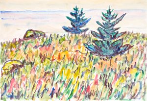 水彩 No. 35、2本の松の木のある野原、1937年。