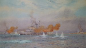 1915年、1925年にダータネルの外側の砦の破壊を完了したA.ウォーカーヘネージ大尉の指揮下にあるHMSアルビオン 作： Alma Claude Burlton Cull