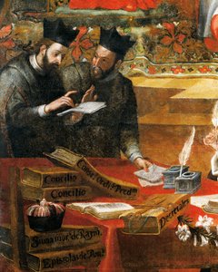 2 人のイエズス会士の間の話し合い、アロンソ アントニオ ヴィラモール (1661-1729) による、教皇グレゴリウス 9 世の顧問であるペナフォートの聖レイモンドからの詳細。 スペイン、サラマンカの聖スティーブン修道院出身。 作： Alonso Antonio Villamor