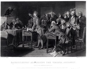 ヘンリーブライアンホール（1808-84）によって刻まれた1775年3月、バージニア州議会で演説したパトリックヘンリー、1856年 作： Alonzo Chappel