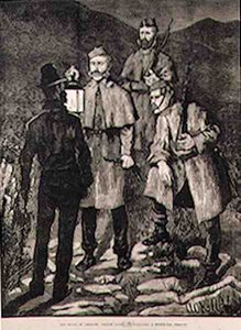 1881年6月8日、イラストレイテッド・ロンドン・ニュースより、アイルランドの州：容疑者に挑む警察パトロール 作： Aloysius C. OKelly
