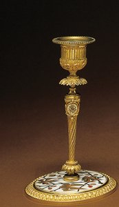 ナポレオン3世の4ピースのデスクセットからの燭台、DuvinageとHarinckoukによる寄木細工、1877年頃 作： Alphonse Gustave Giroux
