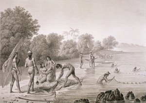 マリアナ諸島の先住民が使う伝統的な漁法。ルイ・クロード・ドゥ・フレシネ（1779-1842）の「Voyage Autour du Monde（1817-20）」から、ボビネが彫刻したもので、1822-24年に出版された（リトグラフ）。 作： Alphonse (after) Pellion