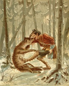 ミュンヒハウゼン男爵のオオカミとの出会い（ルドルフ・エーリッヒ・ラスプ（1736-94）著『ミュンヒハウゼン男爵の冒険』より）1886年頃発行（カラーリトグラフ 作： Alphonse Adolphe Bichard