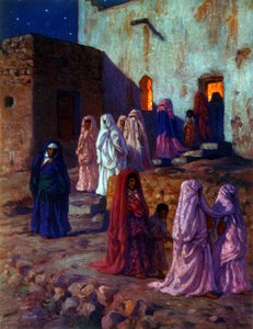 Kuvitus musliminaisista, jotka juhlivat "Mawlidia" (profeetan syntymä). islamilaisen profeetta Muhammedin syntymäpäivän viettoon. Kirjailija: Nasreddine Dinet (Alphonse-Étienne Dinet). 1861 1929. ranskalainen orientalistinen taidemaalari. 1918. 作： Alphonse Etienne Dinet