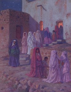 ムールドの前夜に村のモスクを去るイスラム教徒、1918年にパリで出版された預言者ムハンマドの生涯の歴史のイラスト 作： Alphonse Etienne Dinet