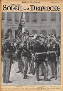 ブルゲール将軍から4人の将軍（ゴッス・デュボア将軍、コロンナ将軍、トゥルザ将軍、ダルシュタイン将軍）にレジオン・ドヌール勲章の指揮官十字章が授与される場面。1900年2月、「ル・ソレイユ・デュ・ディマンシュ」紙に掲載されたラロゼの版画。 作： Alphonse Lalauze