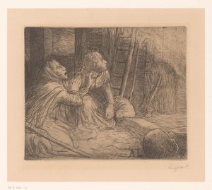 ひざまずいて見上げる 2 人の女性 作： Alphonse Legros (signed by artist)