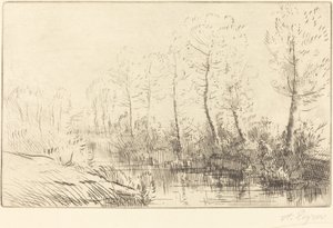 白樺の木: 朝の光に映る水辺 作： Alphonse Legros