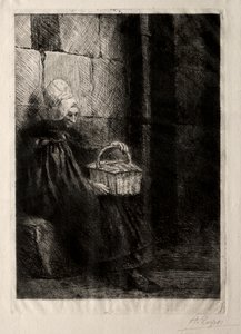 バスケットを持つ女性と呼ばれるブローニュ近郊の風景 作： Alphonse Legros