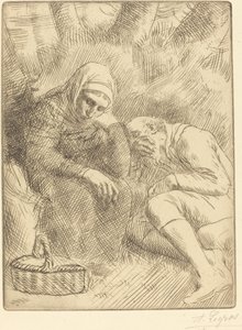 バスケットを持って道端に座る男女 Homme et femme assis au bord... 作： Alphonse Legros