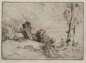 生け垣の近くに座っている農民の女性 作： Alphonse Legros