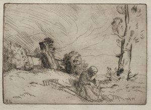 生け垣近くに座っている農民の女性。 作： Alphonse Legros