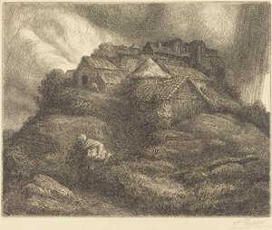 Saint-Pierre の嵐の村、Storm Effect 中の Saint-Pierre の村。 作： Alphonse Legros