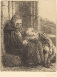 壁に向かって座る女性、膝に頭を抱える子供 作： Alphonse Legros