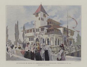 1900年のパリ万国博覧会のボスニア・ヘルツェゴビナのパビリオン（カラーリトグラフ 作： Alphonse Marie (after) Mucha
