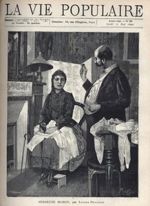 熱を帯びた目をした病気の若い女性が、手に貯金箱を持ち、耳を調べる器具を振り回す大柄な医師と疲労困憊しています。暖炉のそばに座っている若い女性の膝や、家具には白い布が敷かれている。 作： Alphonse Mucha