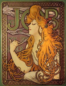 アルフォンス・ミュシャ（1860-1939）によるリトグラフ、タバコの紙のブランド「ジョブ」の広告、イラストレーターのチェコスロヴァーク 作： Alphonse Mucha