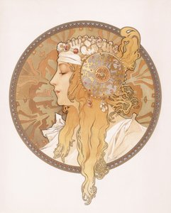 金髪の乙女のビザンチンの頭。金髪の女性のビザンチンの頭、1897年頃 作： Alphonse Mucha
