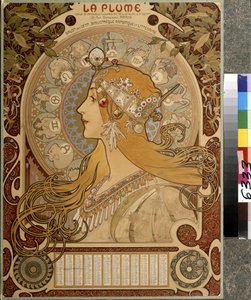 サロン・デ・サンが発行する月刊誌「ラ・プルーム」のイラスト入りカレンダー。 芸術と文学の図書館。 アルフォンス マリア ミュシャ (アルフォンス マリー ミュシャ) のアートワーク 作： Alphonse Marie Mucha