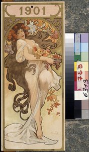 1901 年のカレンダー。 アルフォンス マリア ミュシャ (アルフォンス マリー ミュシャ) のアートワーク 作： Alphonse Marie Mucha