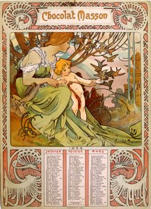 ミュシャ（1860-1939）が描いたチョコレート・マッソンのカレンダー。 作： Alphonse Mucha