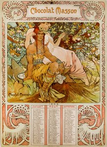 ミュシャ（1860-1939）が描いたチョコレート・マッソンのカレンダー。 作： Alphonse Mucha