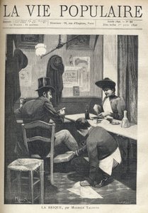 あるレストランで、男性と女性が別々になって食事をしています。サービスボーイは男性のそばにしゃがみ、足元に熱いレンガを設置している。イラスト：アルフォンス・マリア・ミュシャ（Alphonse Marie Mucha 作： Alphonse Mucha