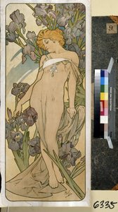 アイリス (一連の花の一部)。 アルフォンス マリア ミュシャ (アルフォンス マリー ミュシャ) のアートワーク 作： Alphonse Marie Mucha
