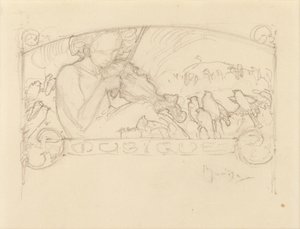 バイオリンを弾く女性の研究 作： Alphonse Mucha