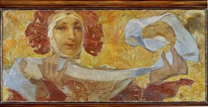 スカーフを巻いた女性 作： Alphonse Marie Mucha