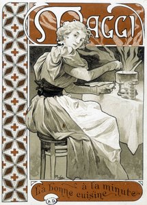 ガスコンロで料理をする若い女性 - 広告 Maggi "good food by the minute", ミュシャ作, 1890年頃 作： Alphonse Mucha