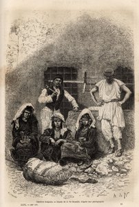 ソフィアの近くにいるブルガリアの労働者たち。1867年にギヨーム・ルジャンが行ったブルガリアへの旅を描いたA.ド・ヌーヴィルの絵をもとにしたエングレーヴィングで、1873年にエドゥアール・シャルトンが編集した「Le tour du monde」に掲載されている。セルバ・コレクション