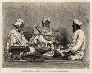 Les mullahs de la mosque de Bhopal（ボパールのモスクのイスラム教徒たち）、イスラム教の争点について完全に議論している、A. de Neuvilleの図面に基づくエングレーヴィング、1864年から1868年にかけてのラジャのインド旅行を描いたもの、Louis Rousselet著、「Le to 作： Alphonse Marie de Neuville