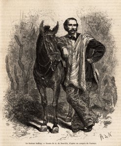 1869年にサフレイ博士が行ったニューグラナダへの航海を描いたA. de Neuvilleの図面に基づくエングレーヴィングで、1873年にEdouard Chartonが編集した "Le tour du monde "に掲載された旅行服を着たサフレイ博士の肖像。 作： Alphonse Marie de Neuville