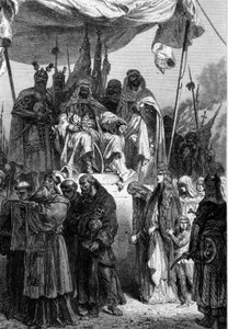 1187年にエルサレムを攻略したサラディン（1138-1193）（Salah al-Din Yusuf al-Ayyubi）の前に出発するエルサレムのキリスト教徒たち。Neuville 1879年のエングレーヴィング。 作： Alphonse Marie de Neuville
