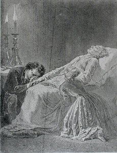 ジャンヴァルジャンの死、ヴィクトルユーゴー作レミゼラブルのイラスト（1802-85） 作： Alphonse Marie de after Neuville