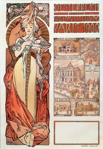 パリ1900年の万国博覧会に出展したオーストリアのアルフォンスミュシャ（1860〜1939年）の広告ポスター-薄暗い68x98,5 cm展示会での「オーストリア」のアルフォンスミュシャの広告ポスター