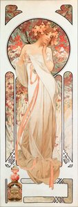 アルフォンス・ミュシャ（1860-1939）のフレグランス「シルバニスエッセンス」1899の広告ポスター-薄暗い21x61 cm香水「」シルヴァニスエッセンス「」1899-プライベートコルのアルフォンスミュシャの広告ポスター