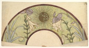 19世紀後半から20世紀半ばまで、サンバースト、ユリ、アイリスを備えたファンのデザイン 作： Alphonse Mucha