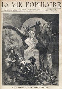 セオフィル・ゴーティエ(1811-1872)を偲んで。ゴティエの胸像を中心に、彼の作品の衣装をまとった登場人物たちが、月桂樹の冠をかぶり、翼のある馬に乗った子供に見守られながら、悲しげに、そして凛々しく走っています。アルフォンス・マリア・ミュシャのイラスト（アルフォンス・マ 作： Alphonse Mucha