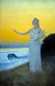 Anthem to the Sea 海に向かって竪琴を持つ若い女性。古代ギリシャの詩人サフォーを彷彿とさせるキャラクター。アルフォンス・オスベール（1857-1939）による絵画 1900年 個人蔵 作： Alphonse Osbert