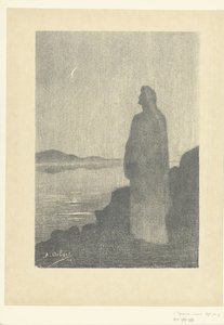 水辺に立って月を見る女性 夜の夢 Reverie dans la nuit レプルーヴ（シリーズタイトル） 作： Alphonse Osbert