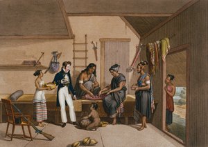 1825年に出版されたルルージュアンドフォーゲットによって彫刻された「ヴォヤージュオートゥールデュモンドシュルレコルベットドゥウラニー1817-20」からのチモールのクーパンにある家の内部